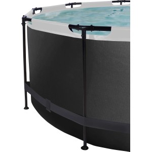Detailansicht des schwarzen Exit Black Leather Pool ø 360 cm mit Stahlrahmen und Sandfilterpumpe.