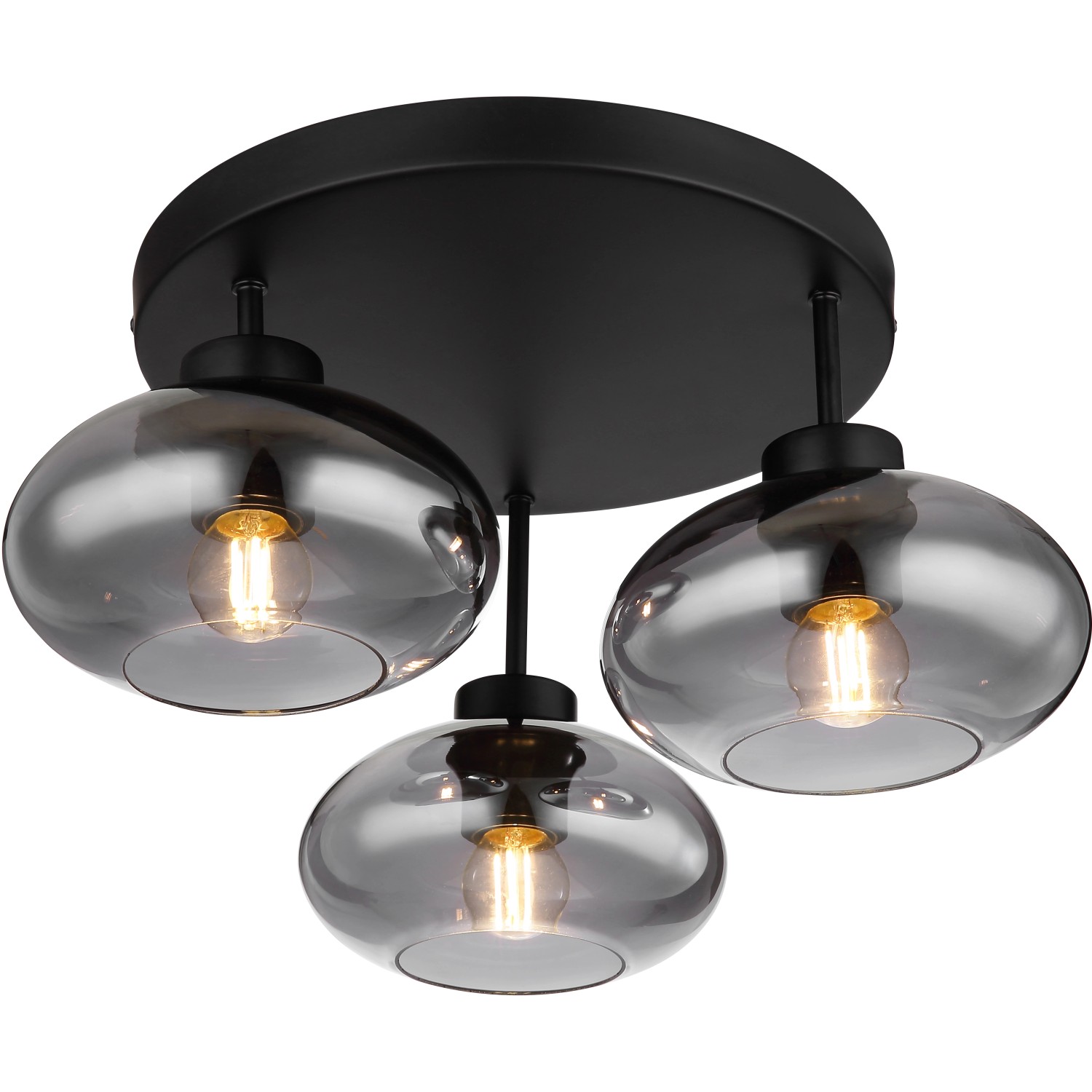 Schwarze, 3-flammige Globo Deckenleuchte Shaun mit Rauchglas-Schirmen.