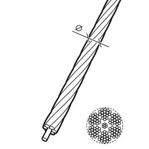 Abbildung eines Stahl-Drahtseils, 6 mm Durchmesser, 6x7-FC Ausführung, Querschnitt dargestellt.