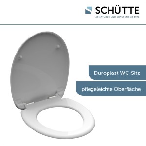 Weißer Schütte WC-Sitz aus Duroplast mit geöffnetem Deckel und Absenkautomatik.