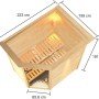 Woodfeeling Sauna Jella mit Maßen und Inneneinrichtung, inkl. Ofen und LED-Dachkranz.