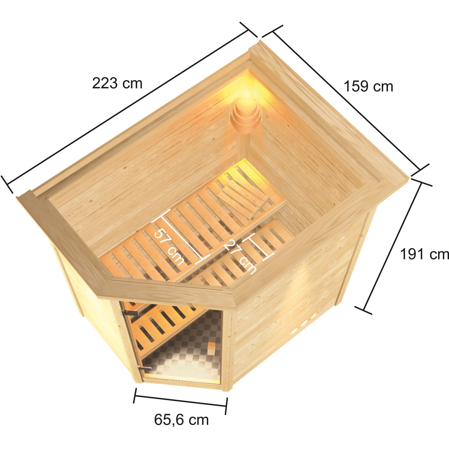 Woodfeeling Sauna Jella mit Maßen und Inneneinrichtung, inkl. Ofen und LED-Dachkranz.