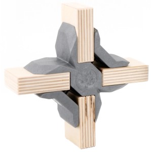 Grauer Playwood Kreuzverbinder X für Möbelbau, verbindet vier Holzplatten im Kreuz.