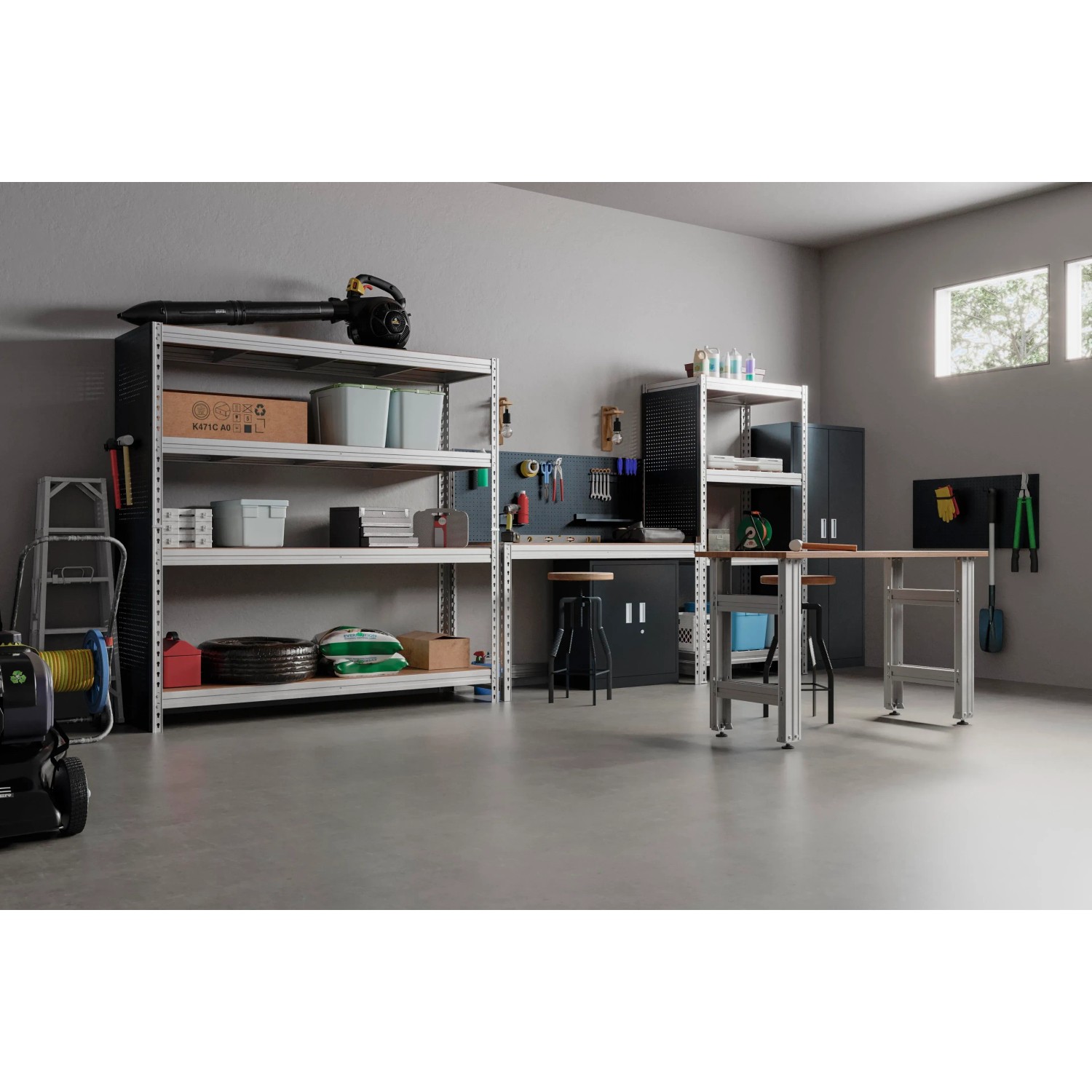 Verzinktes AR Shelving Schwerlast-Steckregal Bullrack Rivet, 200x100x60 cm, mit diversen Gegenständen in einer Garage.