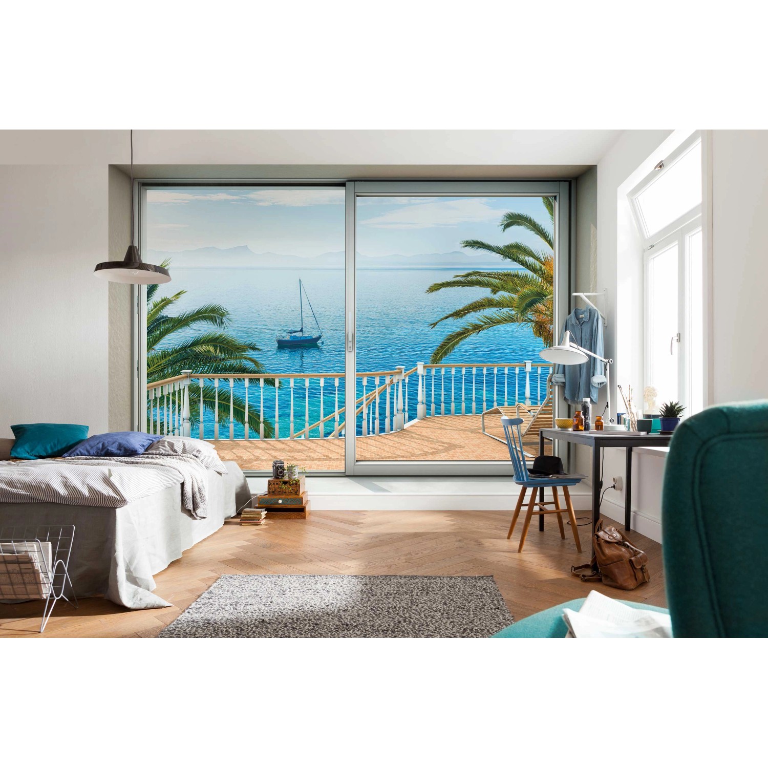 Komar Vlies Fototapete Tranquillo (400x260 cm) mit Meerblick und Segelboot im Schlafzimmer.