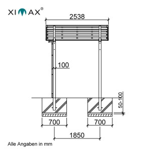 Technische Zeichnung: Ximax Carport Portoforte Mini Typ 60, Edelstahl-Look, Maße und Details.