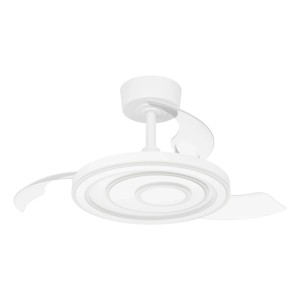 Weißer Eglo LED-Deckenventilator Riomaggiore, 77cm Durchmesser. Deckenleuchte mit transparenten Flügeln.