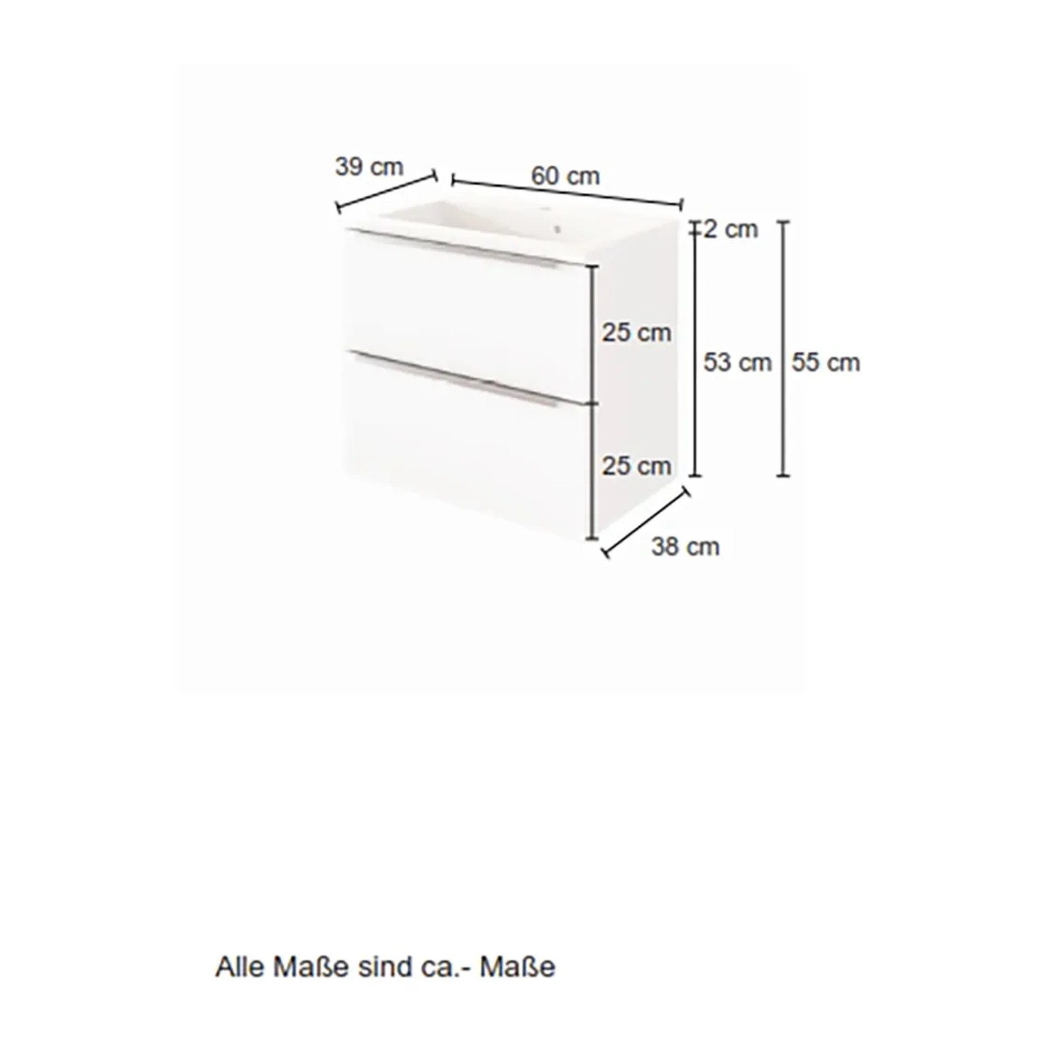 Held Möbel Einzelwaschtisch Monza, 60 cm, Weiß Matt, mit Maßangaben. Waschbeckenunterschrank mit 2 Schubladen.