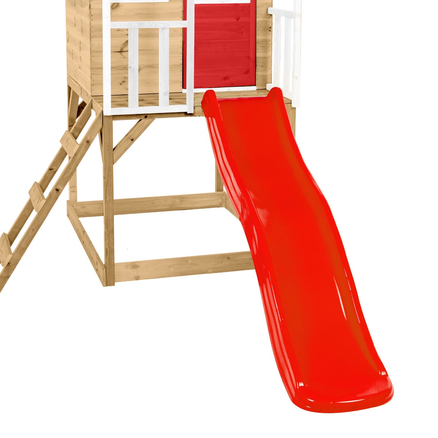Zwerkules Spielhaus Lolla mit roter Rutsche, Leiter und Schaukel. Holzhaus für Kinder.