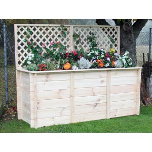 Promadino Hochbeet 2 m mit Rankgitter, Naturholz, bepflanzt mit bunten Blumen.