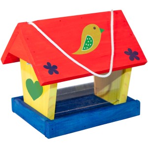 Bunter Windhager Vogelfuttersilo-Bausatz Woodpecker aus Holz mit Vogel-Motiv.