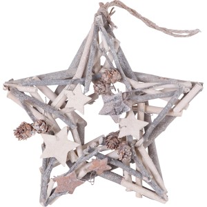 Geschmückter Holzstern (25 cm) als weihnachtliche Dekoration zum Aufhängen, mit Sternen und Zapfen.