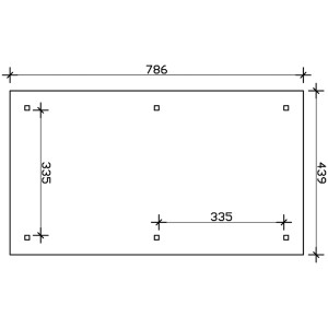 Skizze des Skan Holz Carport Taunus, 439x786 cm, mit Maßangaben für Pfostenpositionen.