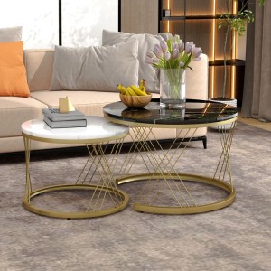 okwish Couchtisch Set mit Marmoroptik und Goldenem Gestell 70 x 70 x 45 cm Schwarz
