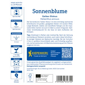 Kiepenkerl Sonnenblume Gelber Diskus Samen: Leuchtend gelbe Sonnenblume für Beet und Vase.