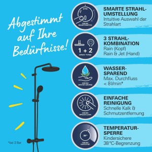 Grohe Vitalio Start 250 Duschsystem, schwarz matt, mit Thermostat. Kopf- und Handbrause mit verschiedenen Strahlarten.