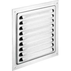 Quadratisches Abdeckgitter aus Aluminium, 150x150 mm, mit Lamellen und Fliegengitter.