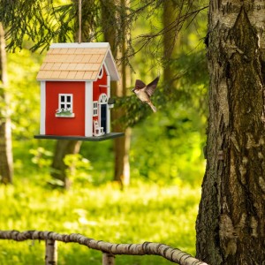 Rotes Vogelhaus aus Holz im Landhausstil mit hellem Dach hängt im Baum. Ein Vogel fliegt heran.