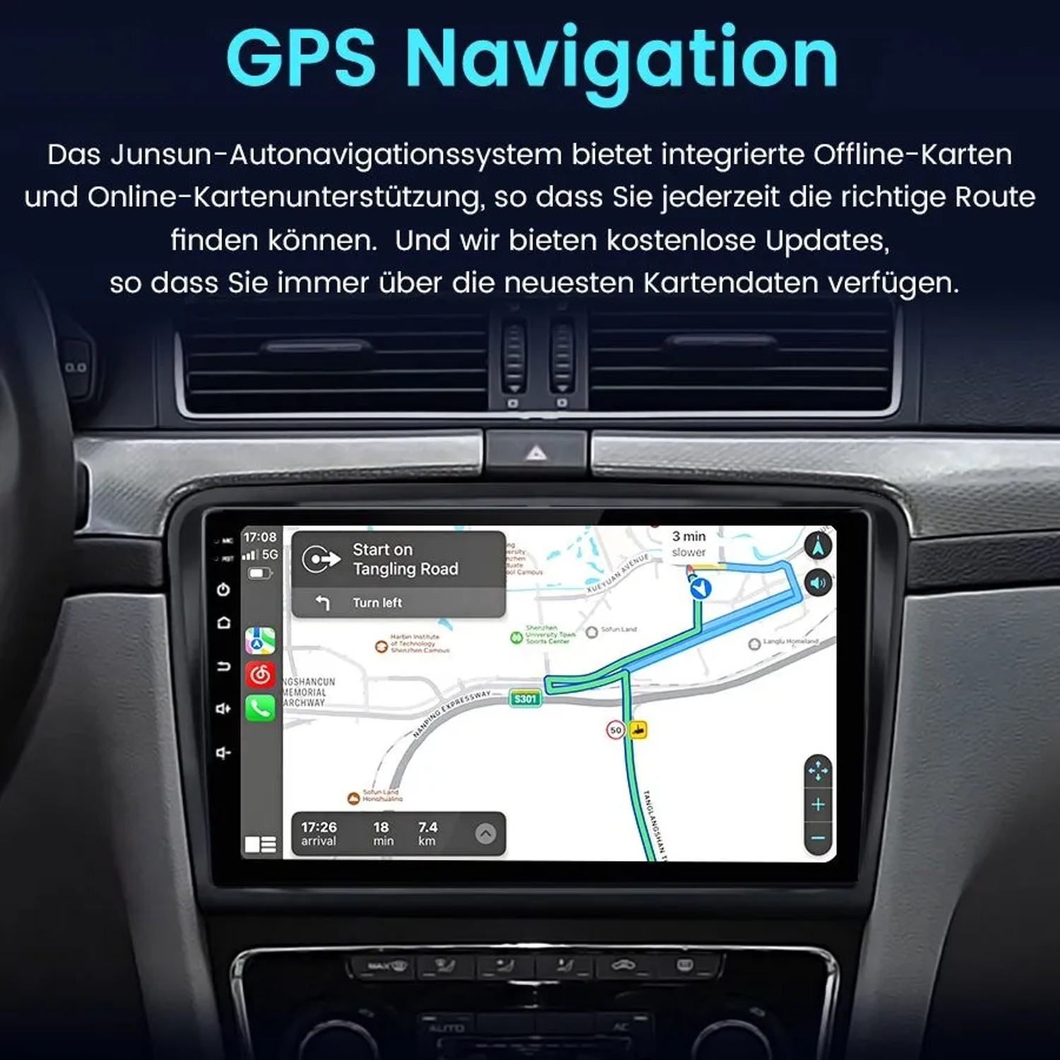 Junsun 10 Zoll Autoradio mit GPS Navigation, zeigt Routenführung und Karte im Skoda Spuerb 2.