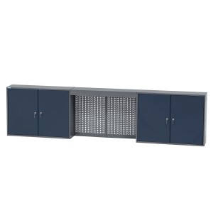 Küpper Hängeschrank, 4-türig, dunkelblau, mit Lochrückwand und Fachböden. Ideal für Werkzeug.