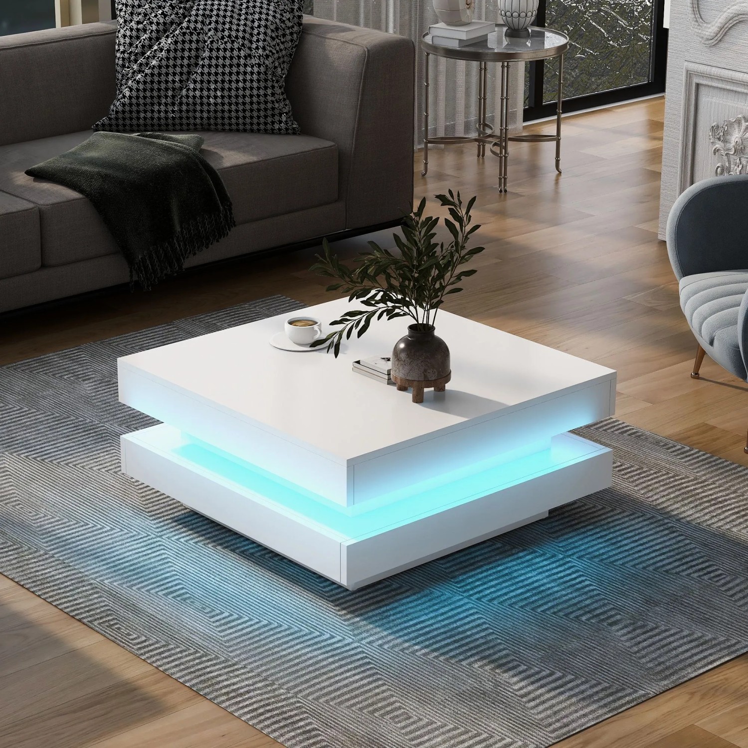 Merax Couchtisch Quadratisch Hochglanz Mit LED Drehbarer Tischplatte Weiß kaufen bei OBI