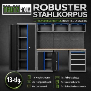 TRUTZHOLM 2x Werkstattwand 13 Teiliges Modulares Werkstattschranksystem aus Stahl Massive Holzarbeitsplatte Blau