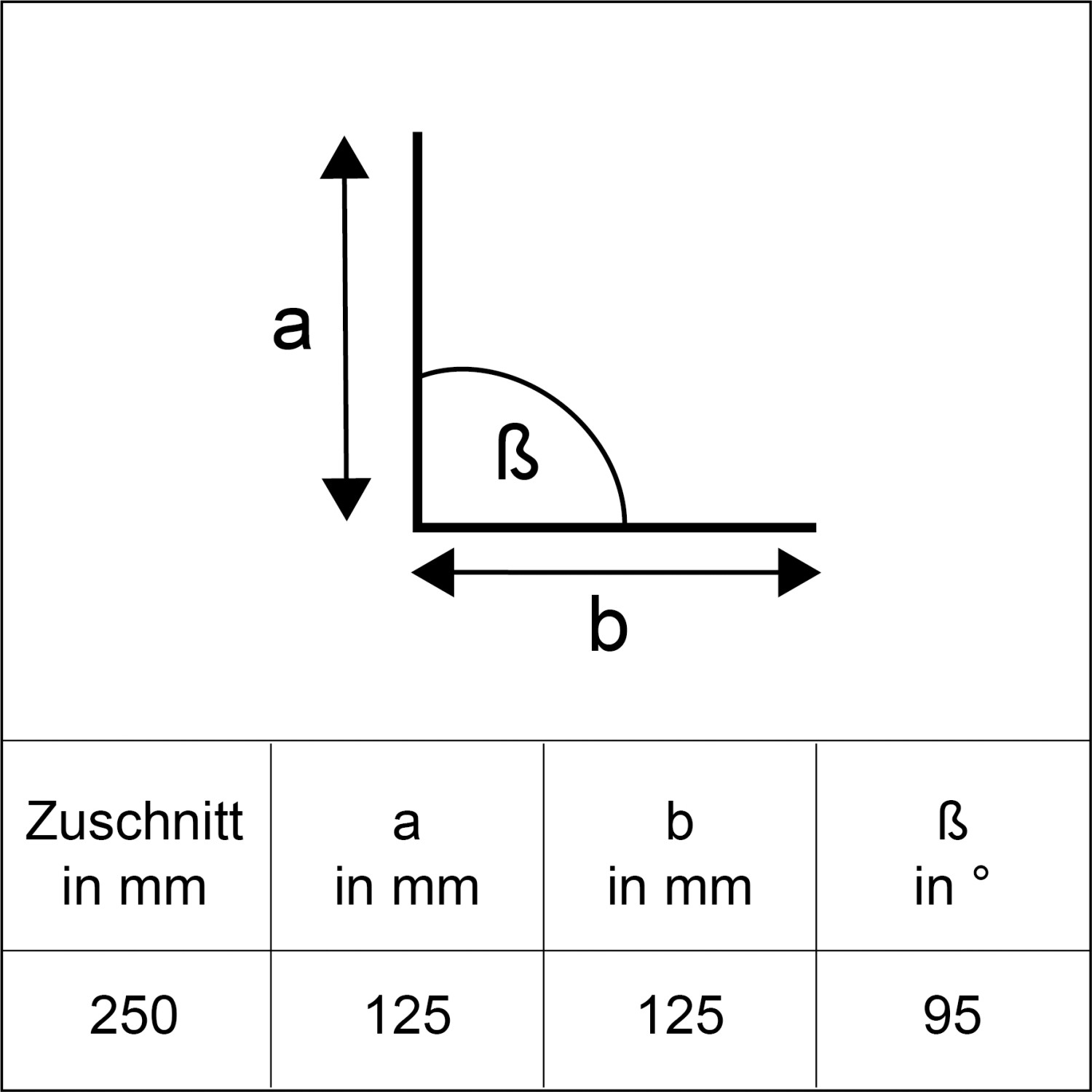 Skizze Winkelblech Alu Natur, Zuschnitt 250x1000 mm, ohne Wasserfalz, Maße a, b, β