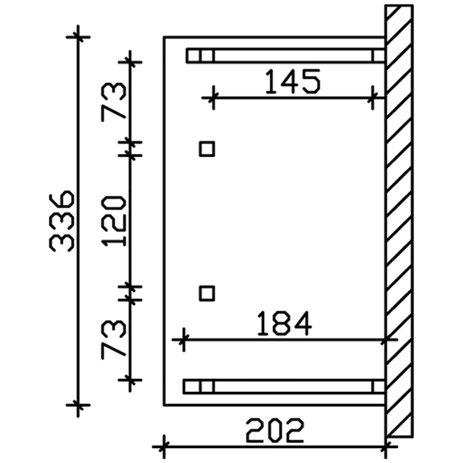 Technische Zeichnung des weißen Skan Holz Haustür-Vordachs Paderborn 8 mit Maßangaben.