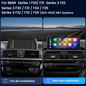 Junsun Android Multimedia System im BMW F20-F36. Vorher leerer Bildschirm, nachher mit CarPlay/Auto Display.