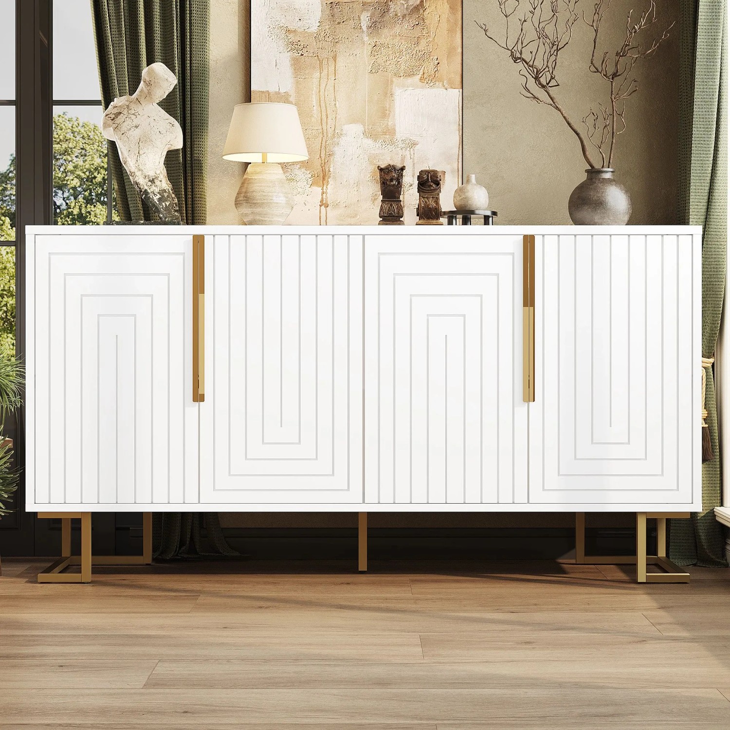 okwish Sideboard mit Geometrischem Design Goldene Griffe Wohnzimmer 152x40x75cm Weiß_3