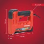 Roter Arrow Elektrotacker ET501F mit Maßangaben für Klammern und Nägel.