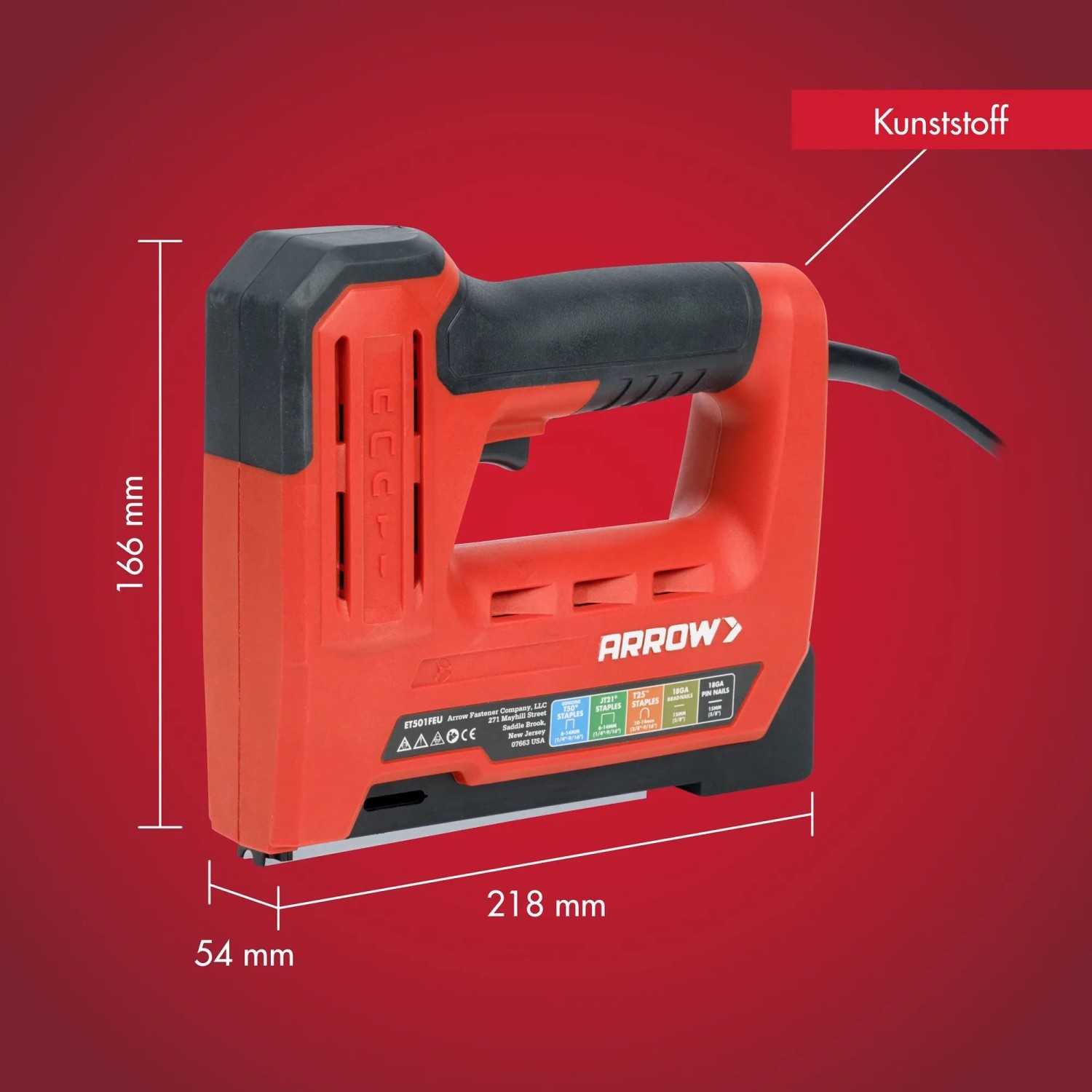 Roter Arrow Elektrotacker ET501F mit Maßangaben für Klammern und Nägel.