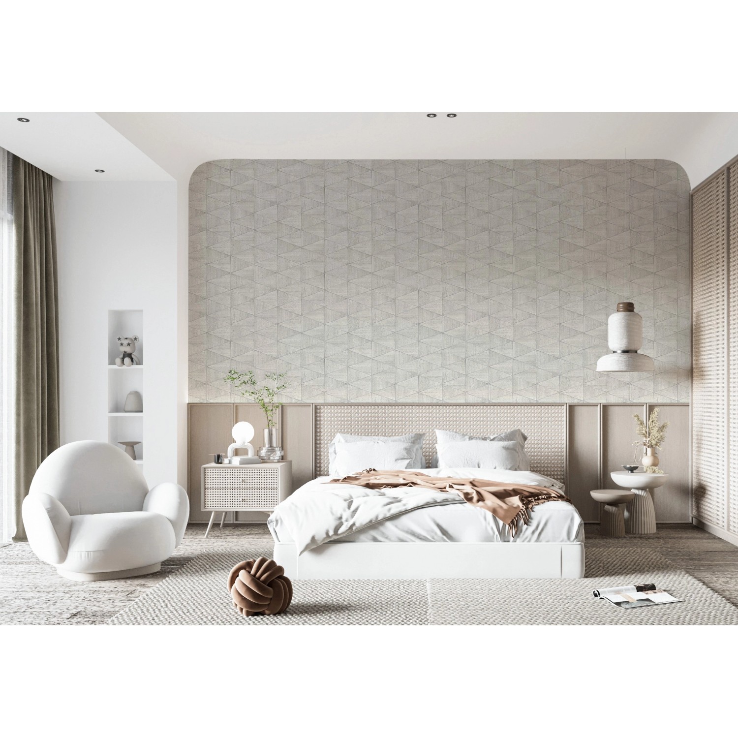 Schlafzimmer mit Marburg Vliestapete in Creme mit modernem Dreiecksmuster.