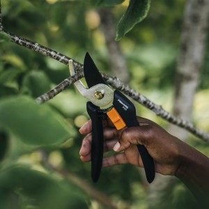 Fiskars Solid P121 Bypass-Gartenschere schneidet Ast im Garten.