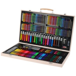 180-teiliges Malen- und Zeichen-Set in Holzbox mit Stiften, Farben und Zubehör.
