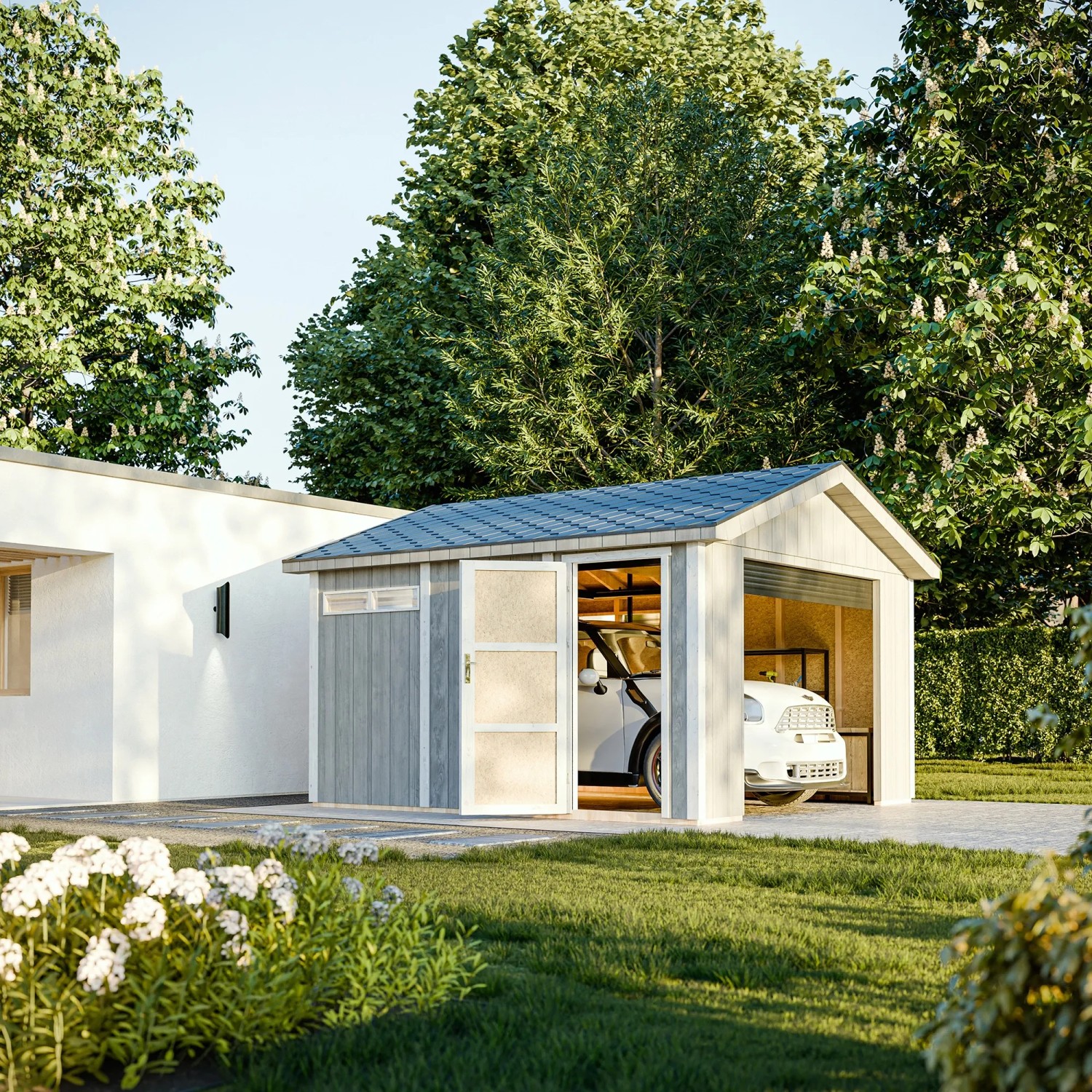 Timbela Garage Premium M990B aus Holz mit Auto, 378x412x269 cm, Natur.