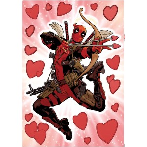 Komar Deko-Sticker: Deadpool als Amor mit Pfeil und Bogen, umgeben von roten Herzen.