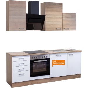 Flex-Well Küchenzeile Florida 220 cm in Sonoma Eiche/Weiß mit E-Geräten und Spüle.