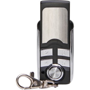 Funk-Handsender Mini in Schwarz-Silber mit 4 Kanälen und Schlüsselanhänger.