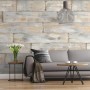 Komar Vlies Fototapete Shabby Chic, 300x250cm, im Wohnraum mit Sofa und Deko.