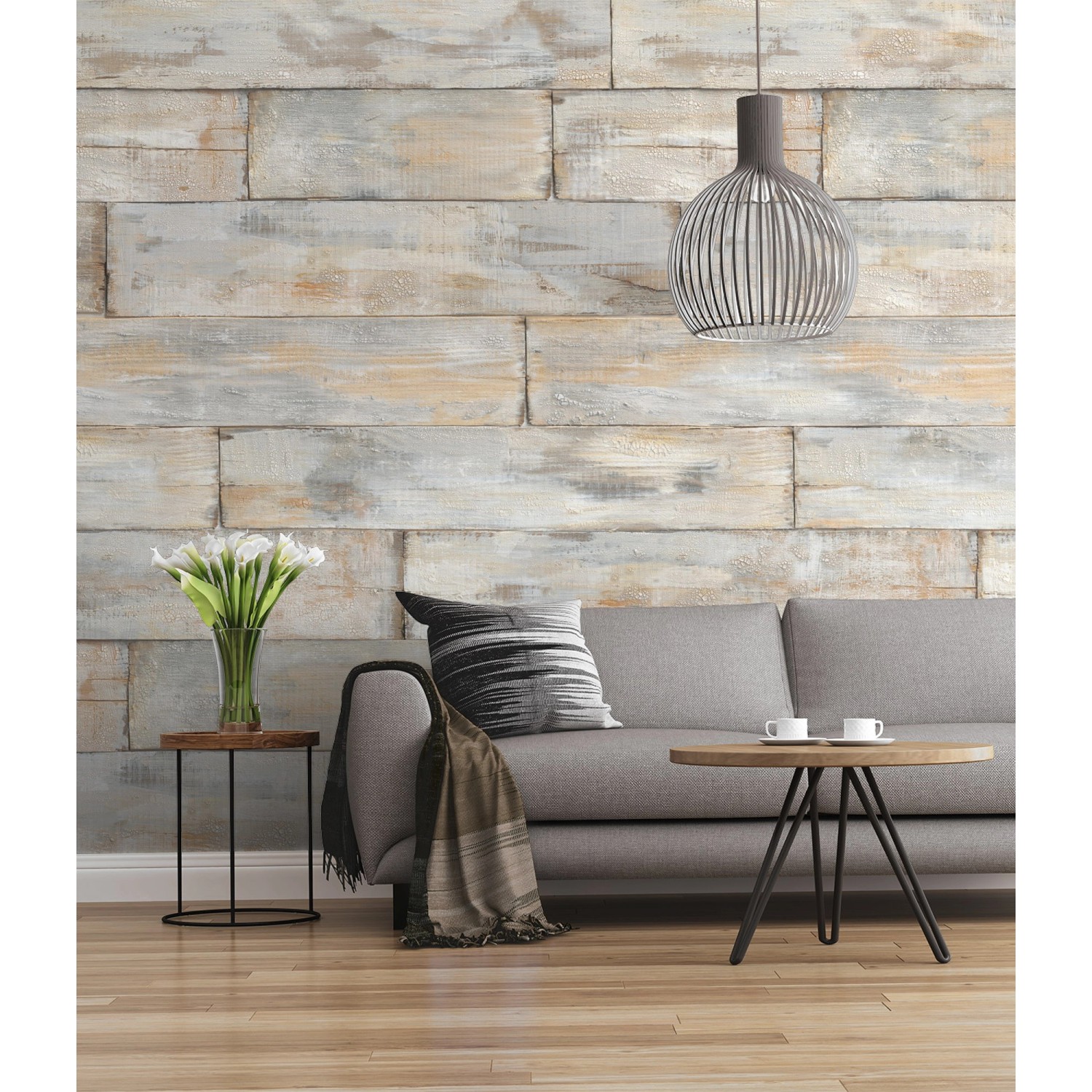 Komar Vlies Fototapete Shabby Chic, 300x250cm, im Wohnraum mit Sofa und Deko.