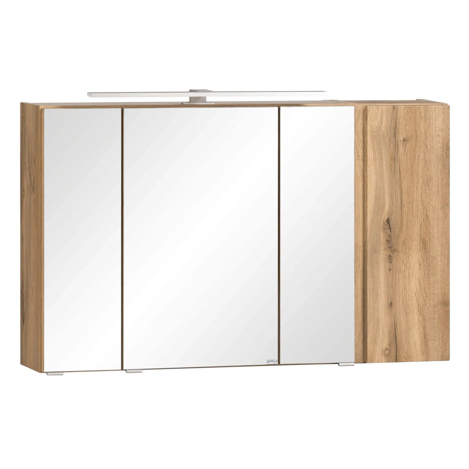 Held Möbel Waschtisch-Set Ancona, 105 cm, matt Weiß-Wotaneiche, Becken links, mit Spiegelschrank.