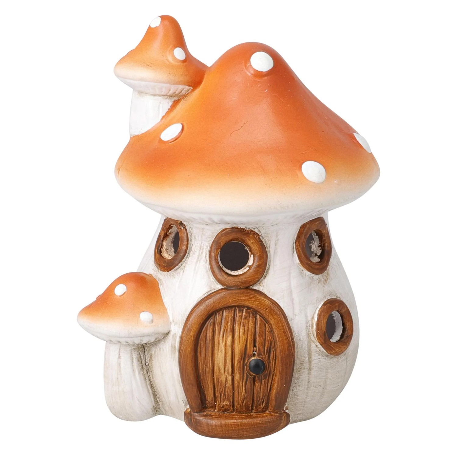 Dekorativer Terrakotta-Pilz in Orange mit weißen Punkten, Holztür und Fenstern. Charmante LED-Figur.
