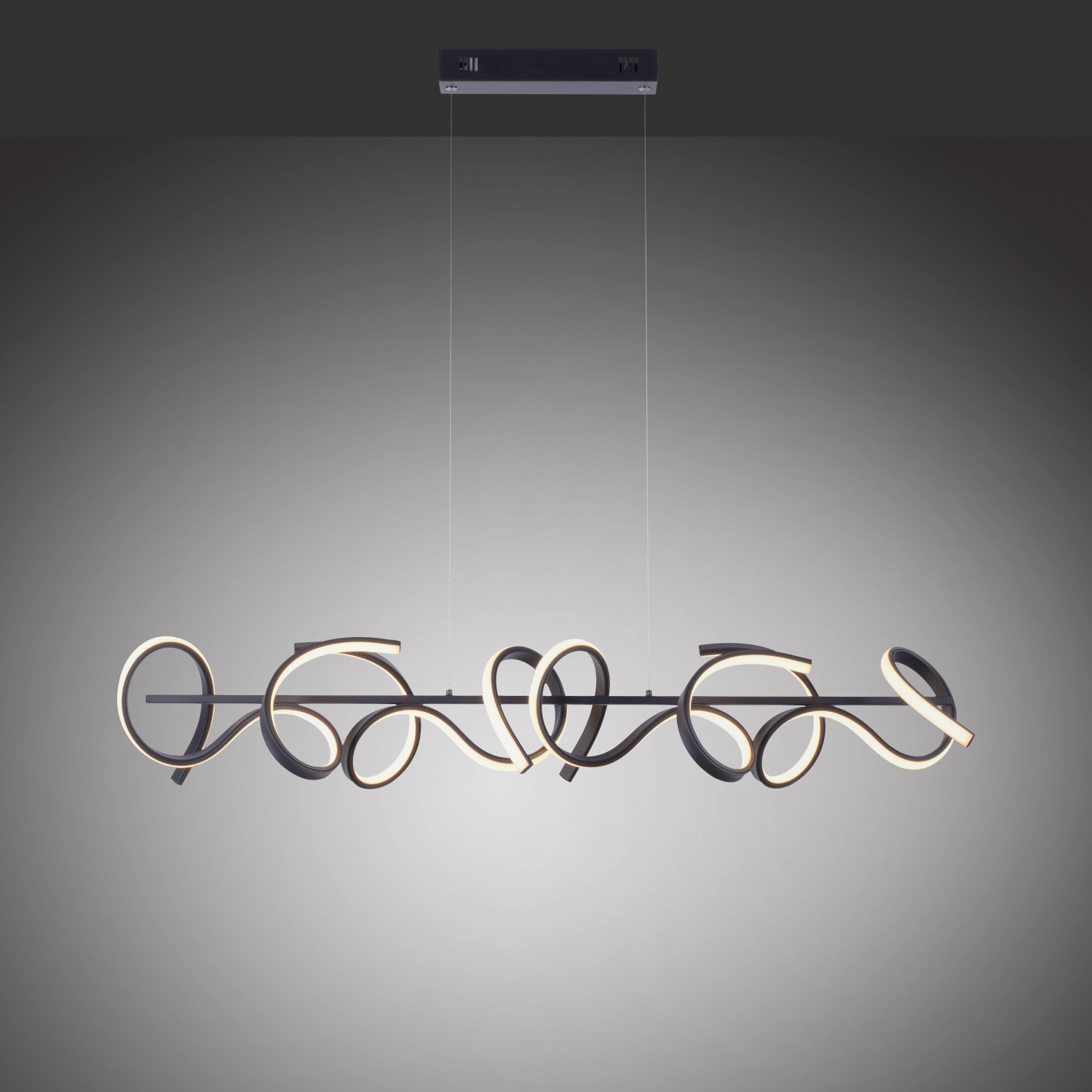 Moderne LED-Pendelleuchte Curls in Schwarz, 99x21 cm. Geschwungenes Design für Esszimmer und Küche.