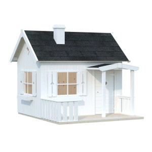 Palmako Spielhaus Otto, 3,6 m², weiß lackiert, mit Veranda, Fensterläden und Schornstein.