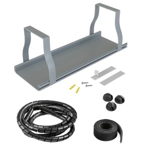 D-Line Kabelkanal-Set für Schreibtische mit Kabelrinne, Spiralwicklung, Kabelband und Kabelsockel.