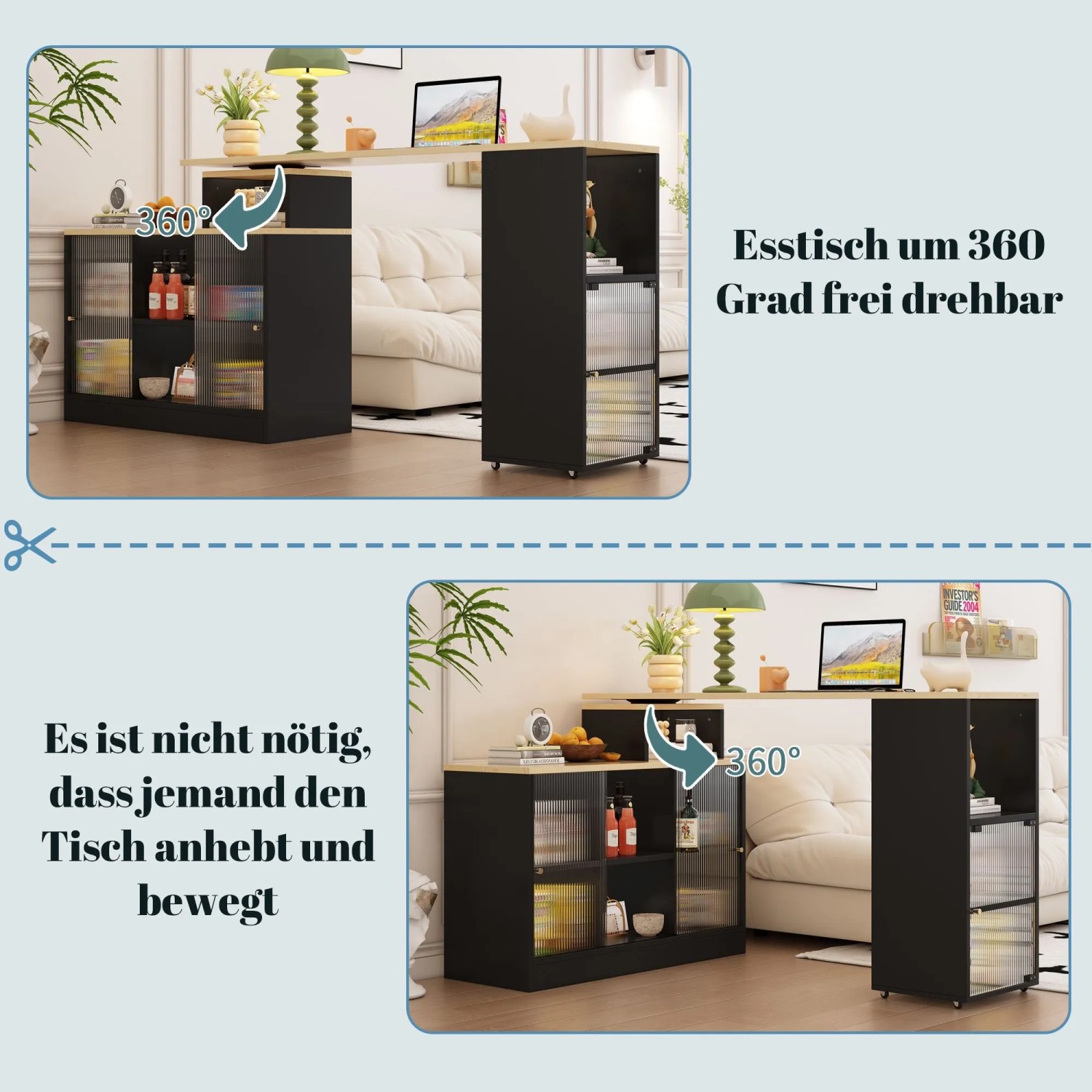 okwish Bartisch mit Drehbar Stauraum Beweglich Küche 135x39x105cm Schwarz_8