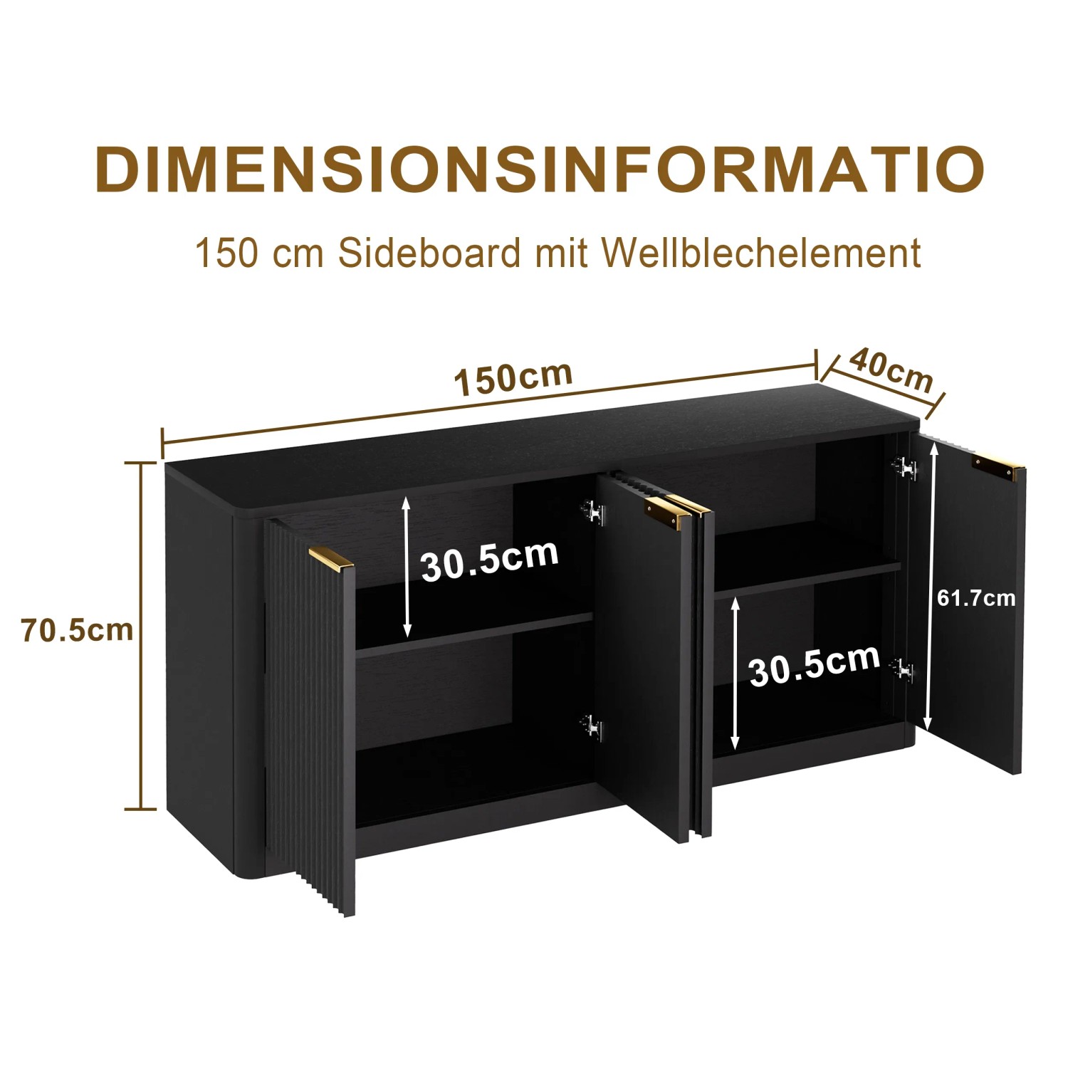 okwish Sideboard mit Wellenform Aufbewahrung Wohnzimmer 150x40x70cm Schwarz_5