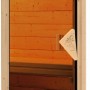 Tür der Karibu Sauna Bjarne aus Fichte mit Glaseinsatz und Holzgriff.