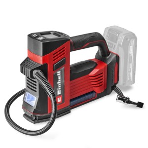 Roter Einhell Akku-Autokompressor mit digitalem Display, Schlauch und Softgrip-Griff. Kabelloser Reifenfüller für 18V Akkus.